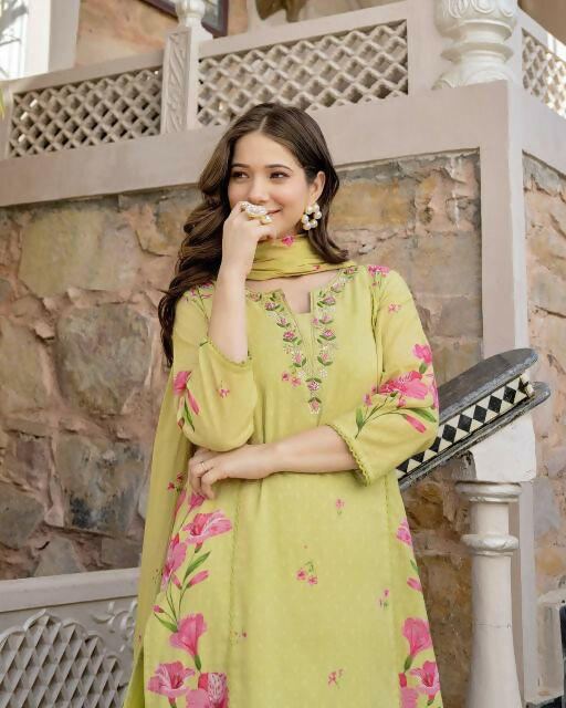The52 Lemons Women's Beautiful Chanderi Fabric Printed Work Straight Kurta Pant and Dupatta Set - Distacart