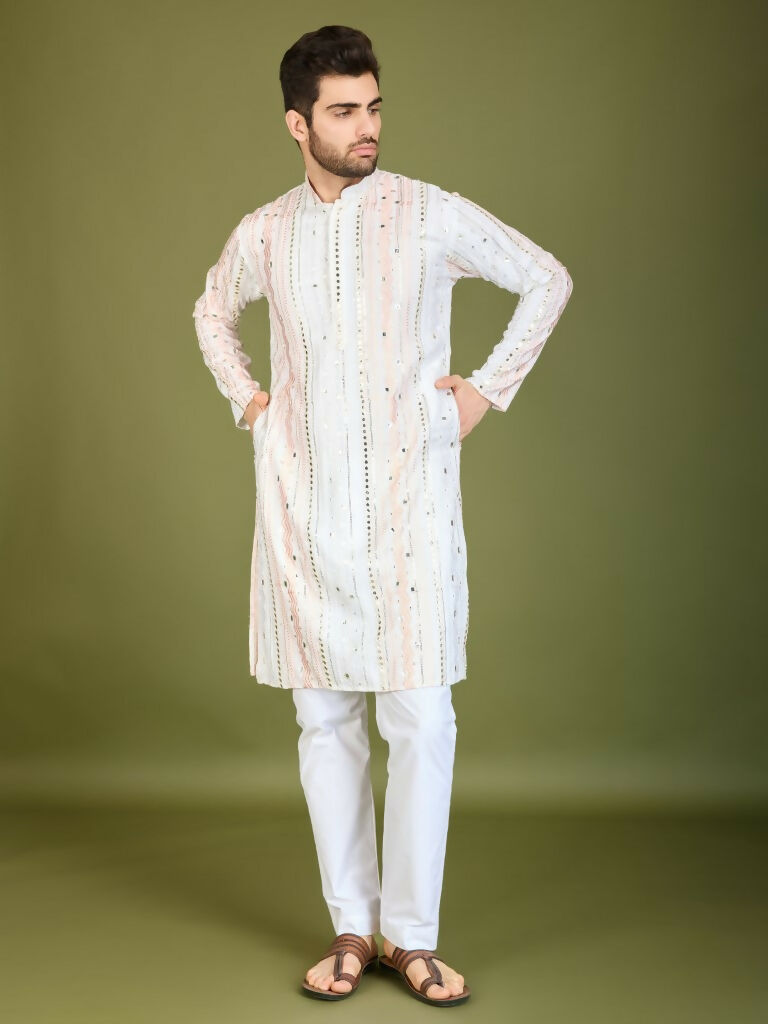Vastranavya White Exclusive Festival Wear Pure Viscose Rayon Sequence & Foil Mirror Heavy Embroidered Work Kurta