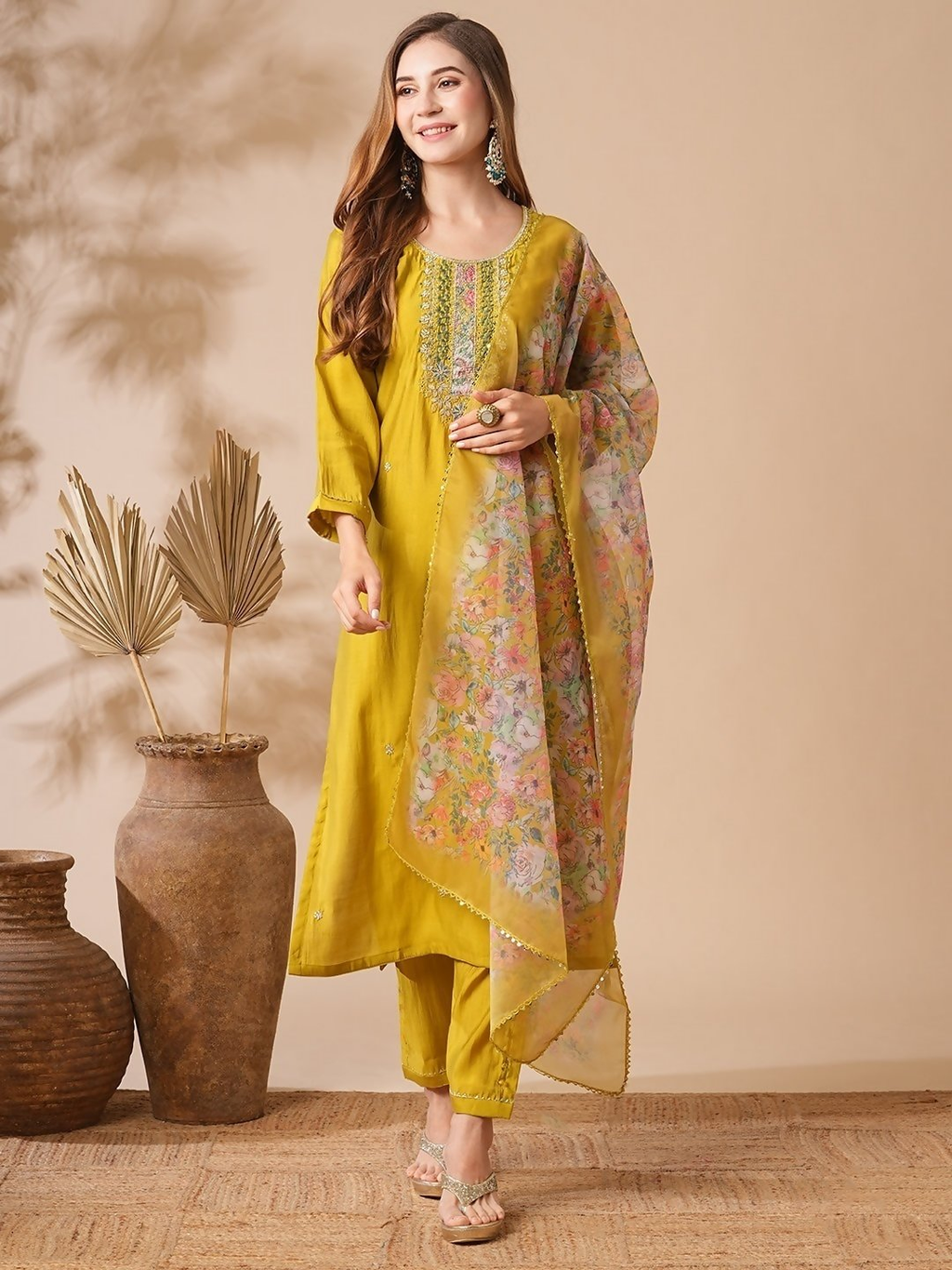 The52 Women's Beautiful Viscose Chanderi Fabric Embroidery Work Straight Kurta Pant and Dupatta Set - Distacart