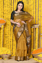 Very Much Indian Rajsi - Handloom Ari Checks Cotton Silk Saree With Golden Border - Yellow