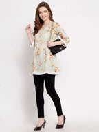 Myshka Women's Off White Cotton 3/4 Sleeve Round Neck Printed Casual Tunic