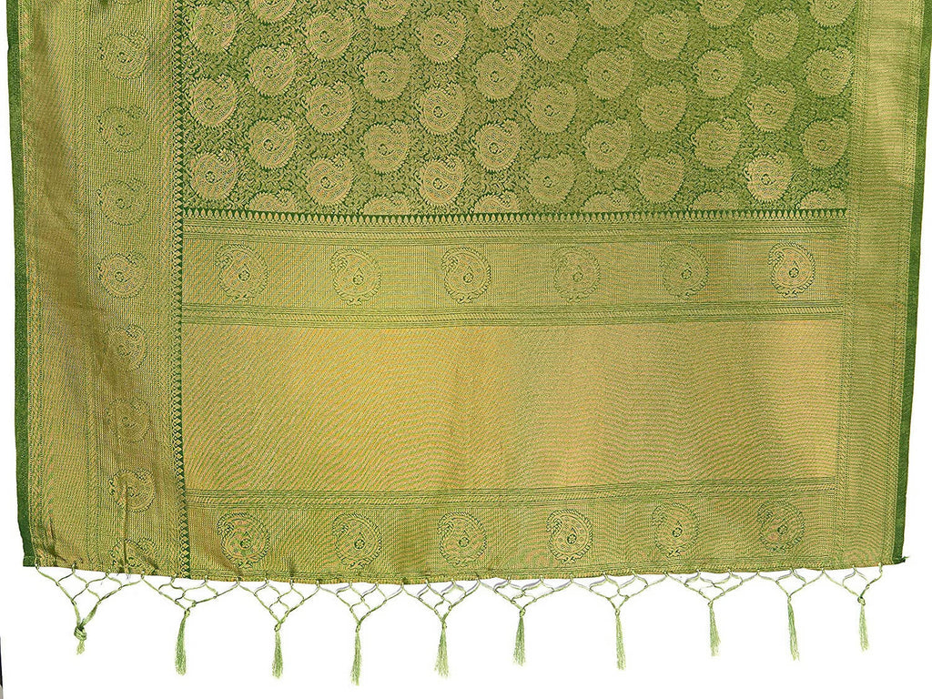 Vardha Women's Olive Green Kanchipuram Raw Silk Saree With Unstitched Blouse Piece