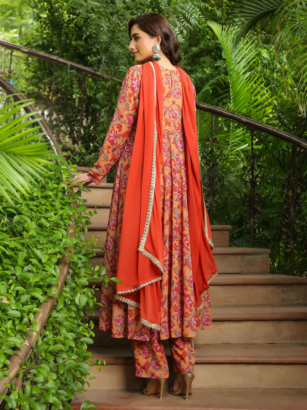 Janasya Mustard Georgette Floral Kurta,Bottom & Dupatta