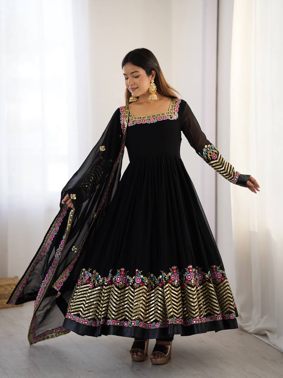 Prazu Fashion Black Georgette Embroidered Sequence Anarkali Suit - Distacart