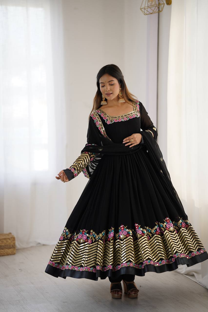 Prazu Fashion Black Georgette Embroidered Sequence Anarkali Suit - Distacart