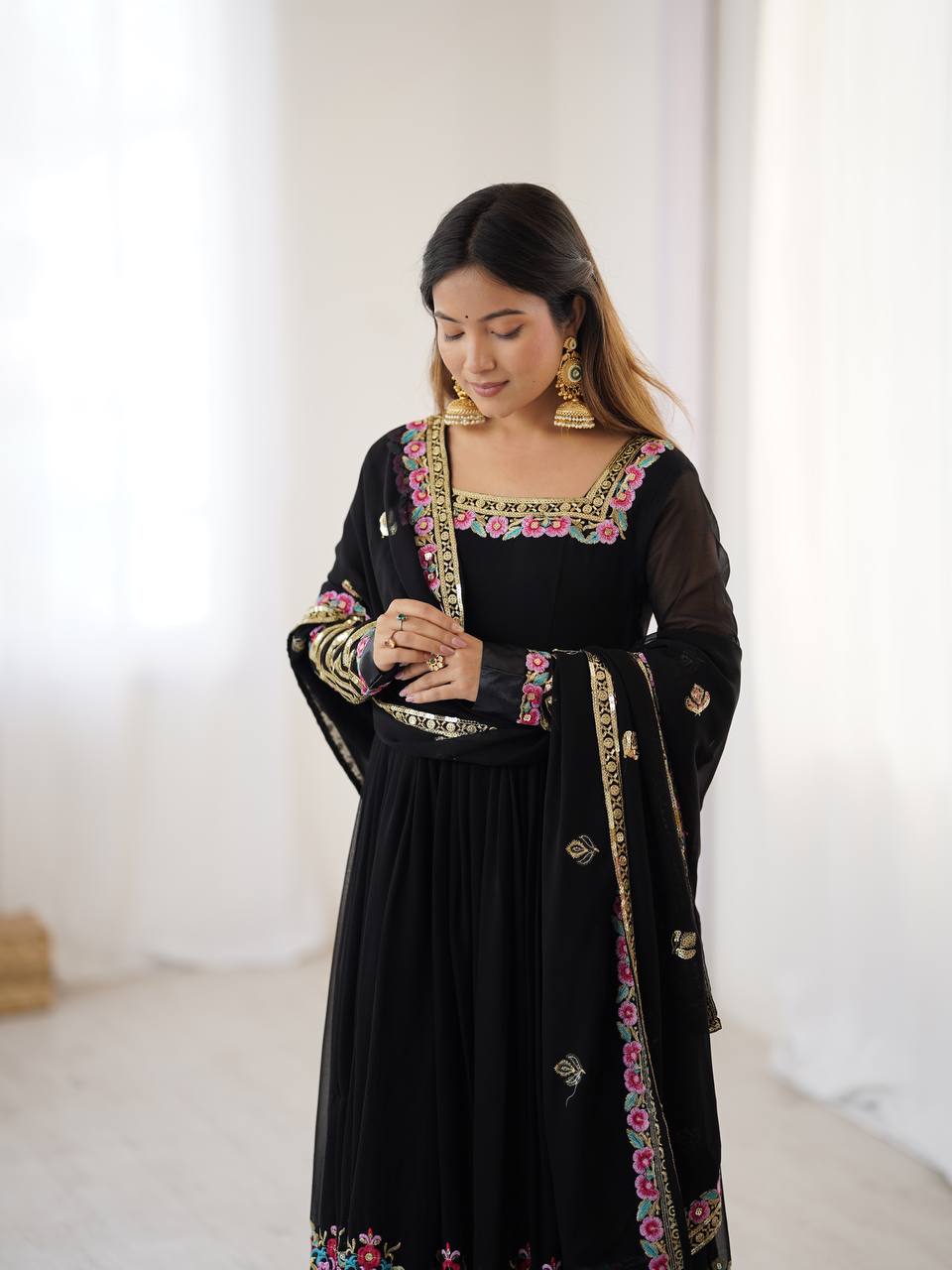 Prazu Fashion Black Georgette Embroidered Sequence Anarkali Suit - Distacart