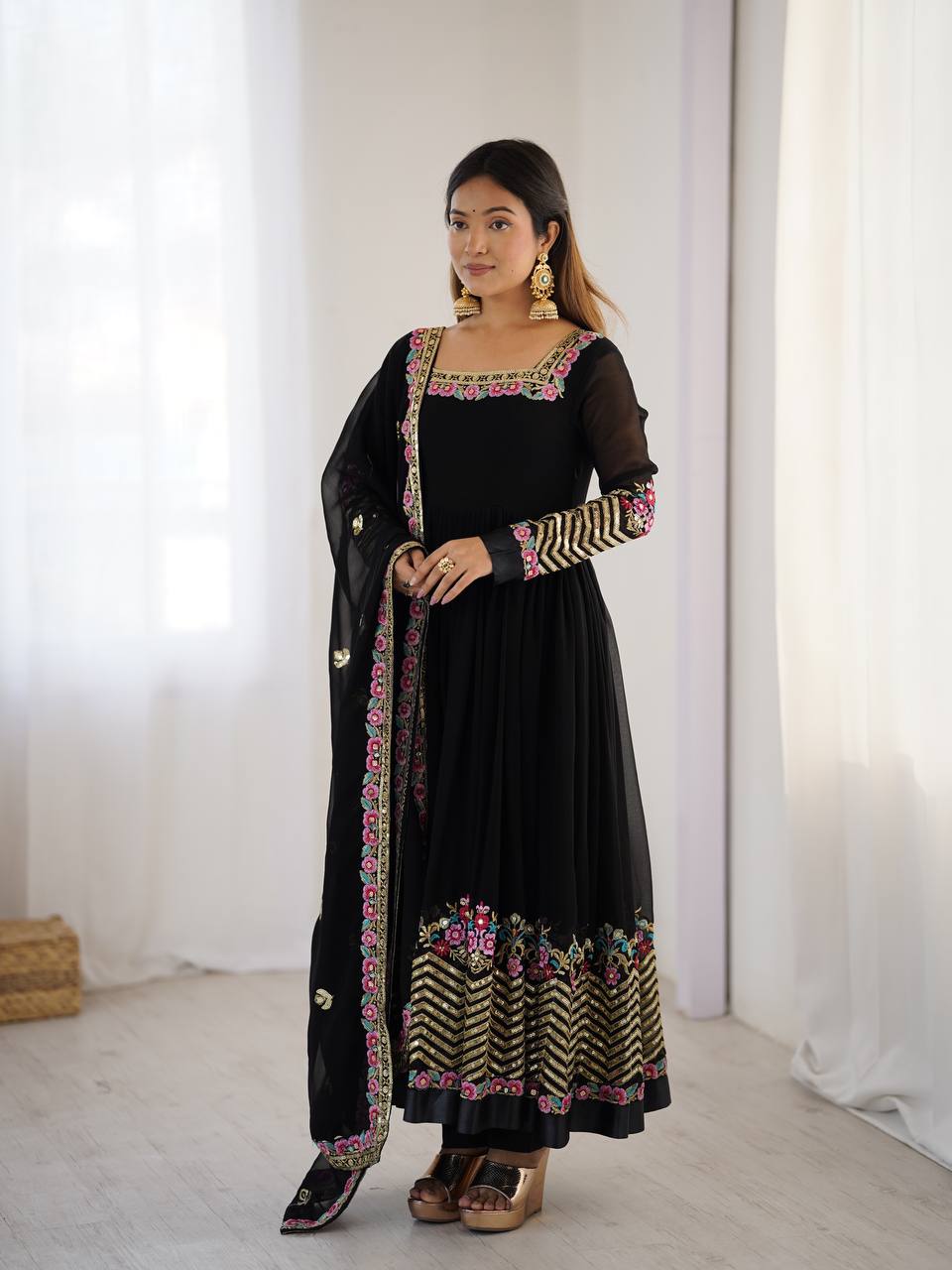 Prazu Fashion Black Georgette Embroidered Sequence Anarkali Suit - Distacart