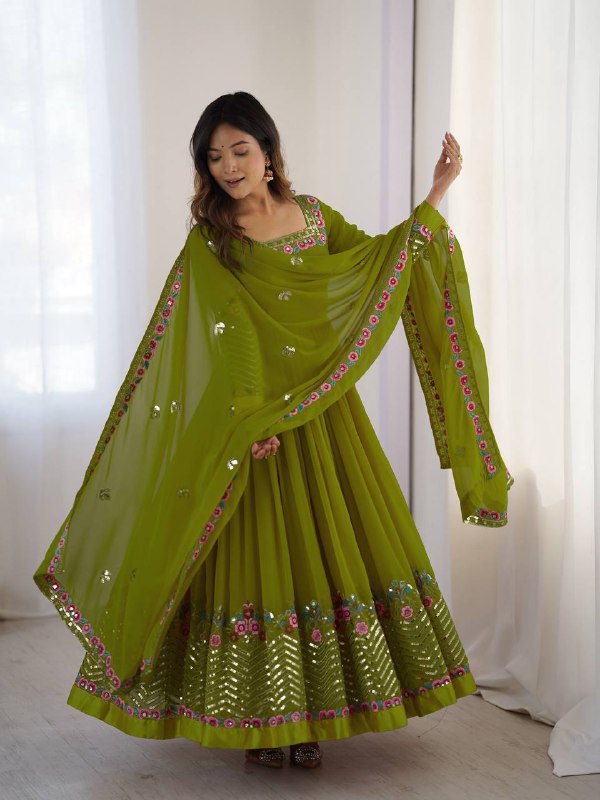 Prazu Fashion Parrot Green Georgette Embroidered Sequence Anarkali Suit - Distacart