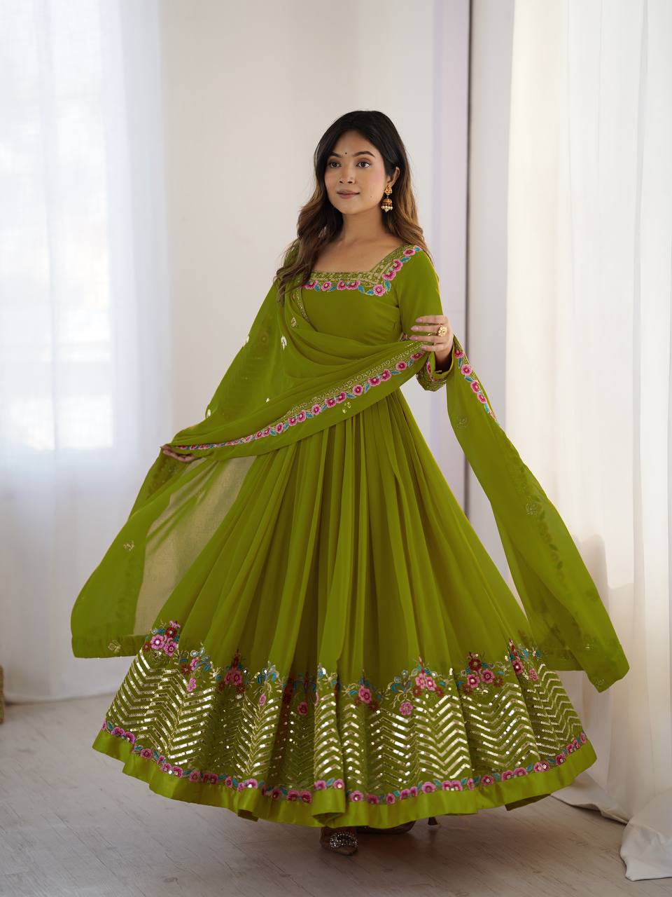 Prazu Fashion Parrot Green Georgette Embroidered Sequence Anarkali Suit - Distacart