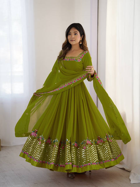 Prazu Fashion Parrot Green Georgette Embroidered Sequence Anarkali Suit