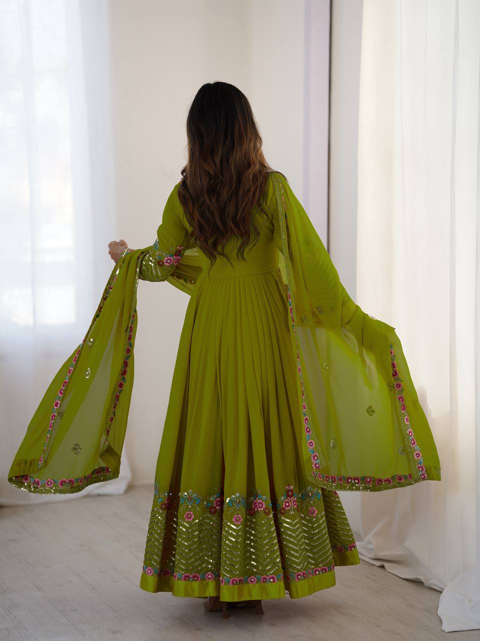 Prazu Fashion Parrot Green Georgette Embroidered Sequence Anarkali Suit - Distacart