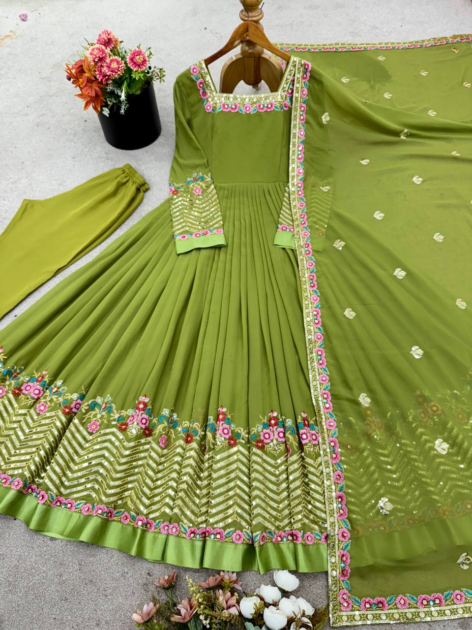 Prazu Fashion Parrot Green Georgette Embroidered Sequence Anarkali Suit - Distacart