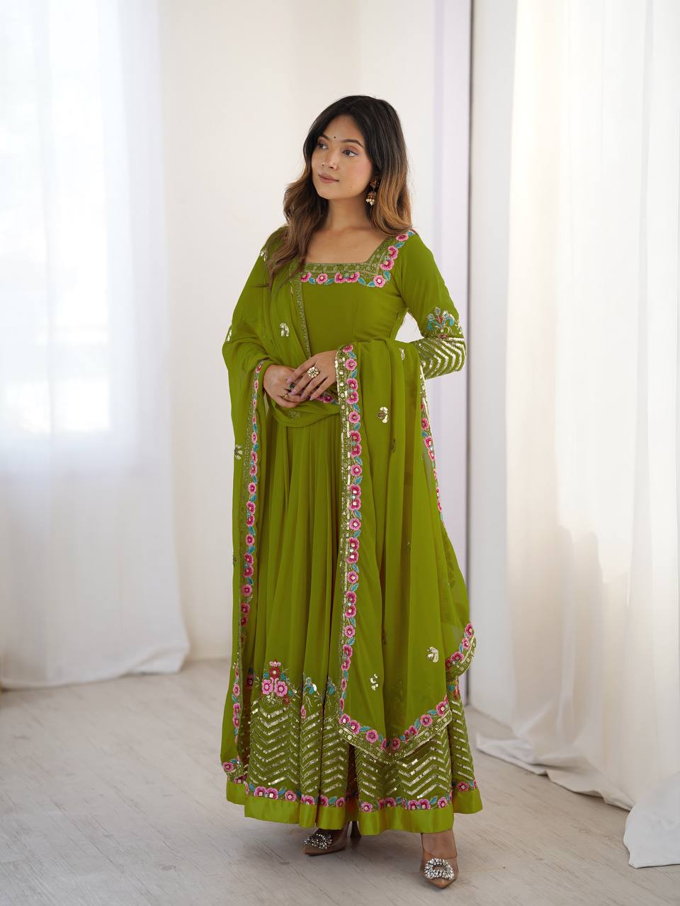 Prazu Fashion Parrot Green Georgette Embroidered Sequence Anarkali Suit - Distacart