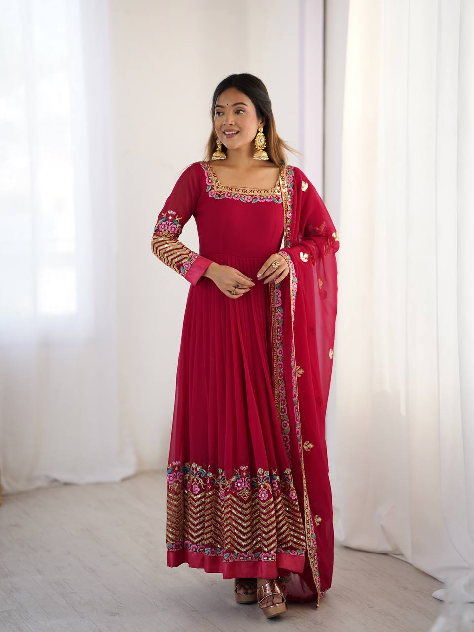 Prazu Fashion Rani Pink Georgette Embroidered Sequence Anarkali Suit - Distacart