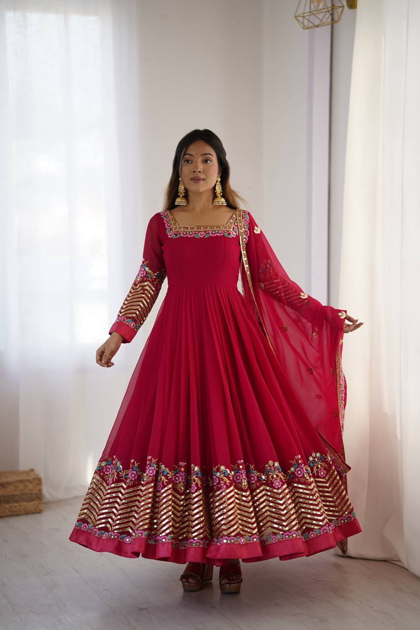Prazu Fashion Rani Pink Georgette Embroidered Sequence Anarkali Suit - Distacart