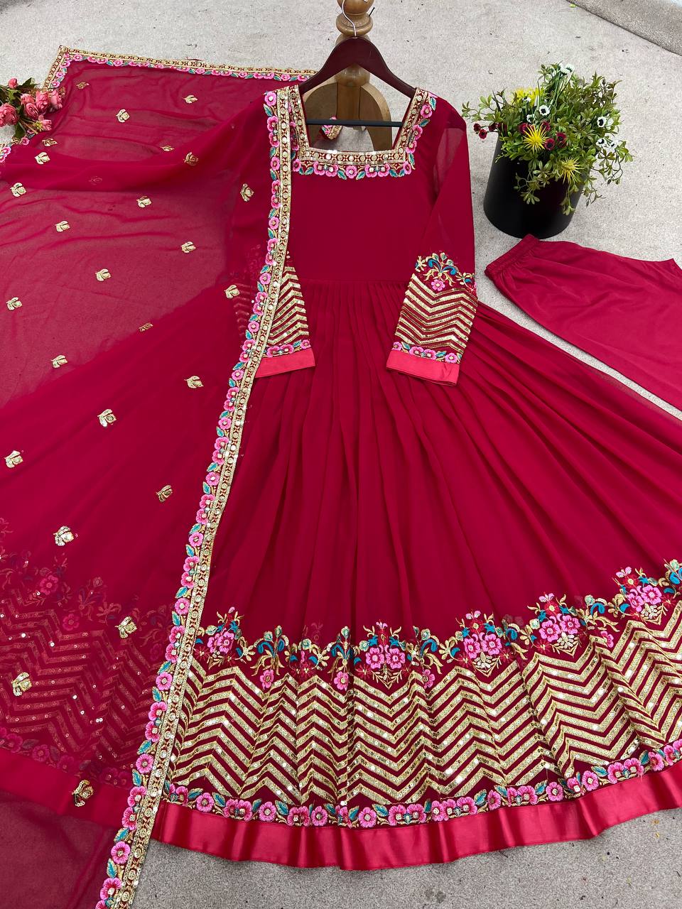 Prazu Fashion Rani Pink Georgette Embroidered Sequence Anarkali Suit - Distacart
