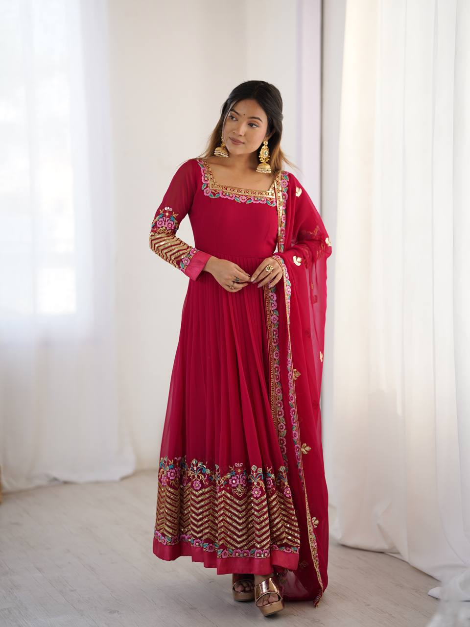 Prazu Fashion Rani Pink Georgette Embroidered Sequence Anarkali Suit - Distacart