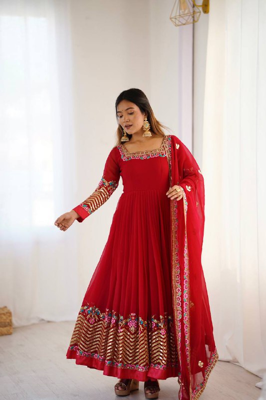 Prazu Fashion Red Georgette Embroidered Sequence Anarkali Suit - Distacart