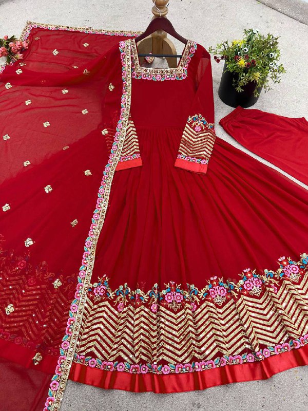 Prazu Fashion Red Georgette Embroidered Sequence Anarkali Suit - Distacart