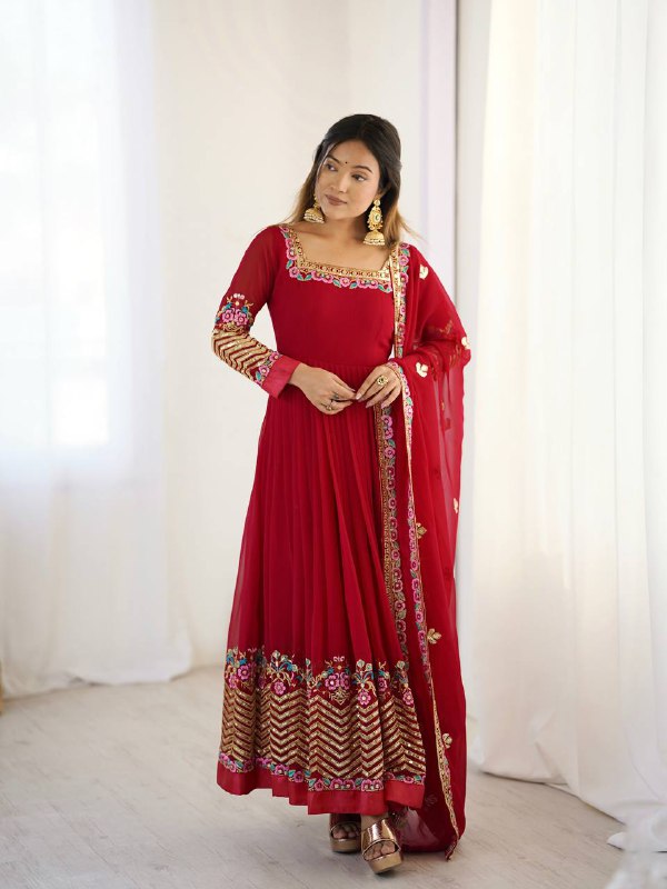 Prazu Fashion Red Georgette Embroidered Sequence Anarkali Suit - Distacart