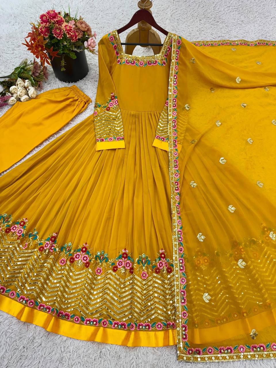 Prazu Fashion Yellow Georgette Embroidered Sequence Anarkali Suit - Distacart