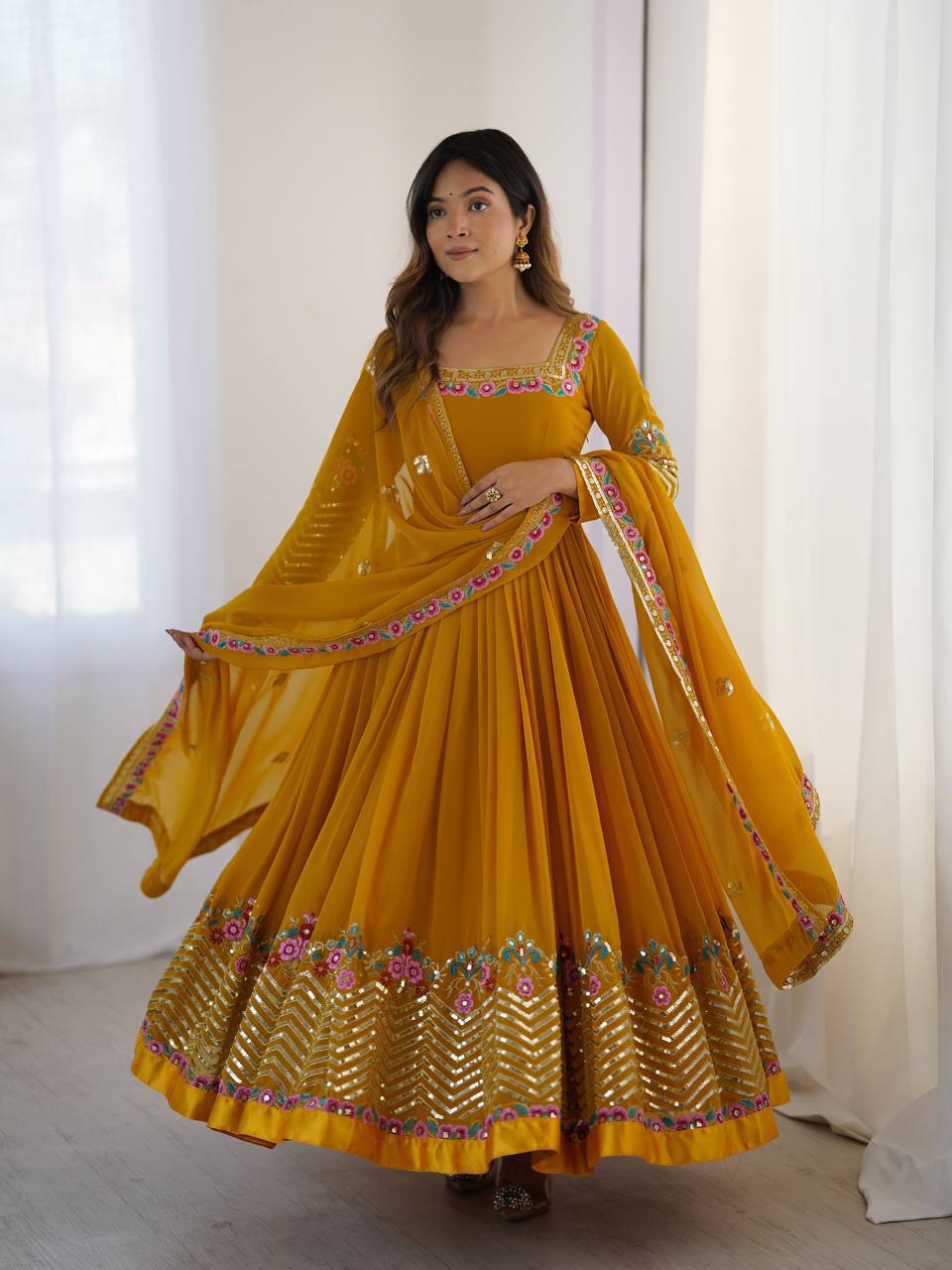 Prazu Fashion Yellow Georgette Embroidered Sequence Anarkali Suit - Distacart