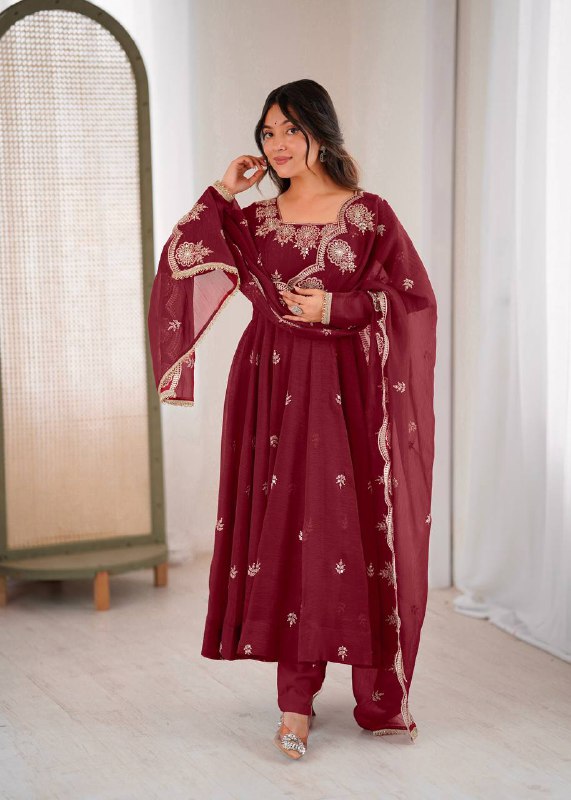 Prazu Fashion Maroon Crunchy Silk Embroidered Sequence Anarkali Suit - Distacart
