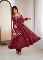Prazu Fashion Maroon Crunchy Silk Embroidered Sequence Anarkali Suit - Distacart