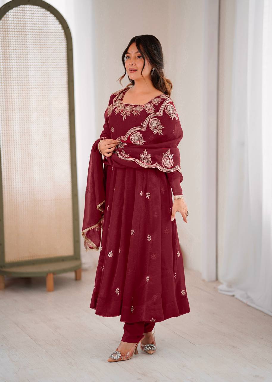 Prazu Fashion Maroon Crunchy Silk Embroidered Sequence Anarkali Suit - Distacart