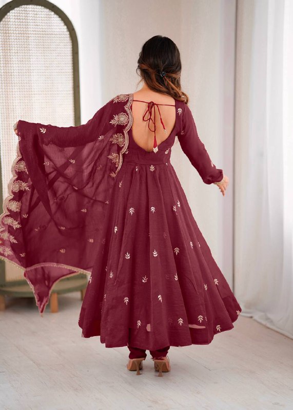 Prazu Fashion Maroon Crunchy Silk Embroidered Sequence Anarkali Suit - Distacart