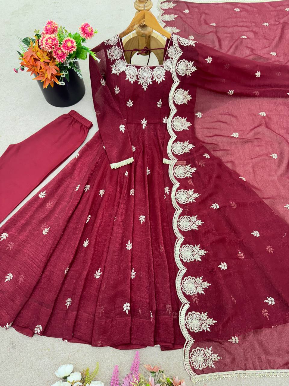Prazu Fashion Maroon Crunchy Silk Embroidered Sequence Anarkali Suit - Distacart