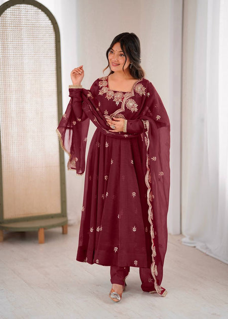 Prazu Fashion Maroon Crunchy Silk Embroidered Sequence Anarkali Suit