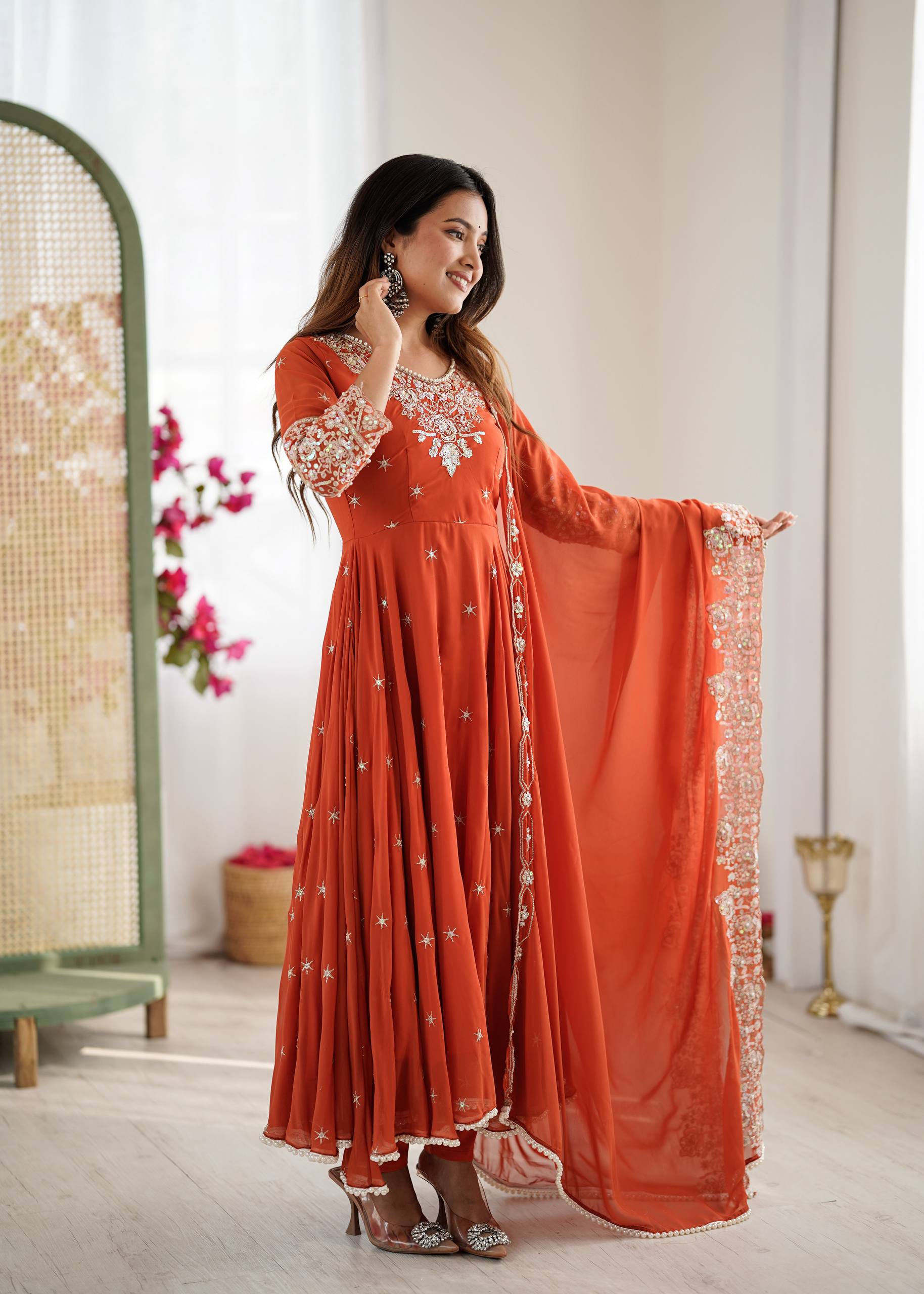 Prazu Fashion Red Georgette Embroidered With Moti Work Anarkali Suit - Distacart