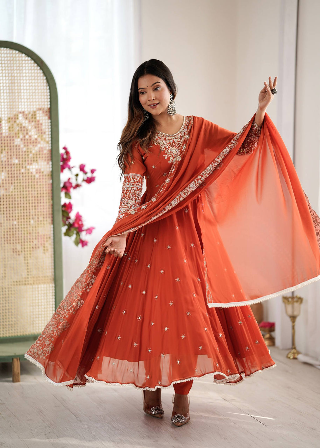 Prazu Fashion Red Georgette Embroidered With Moti Work Anarkali Suit - Distacart