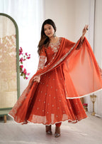 Prazu Fashion Red Georgette Embroidered With Moti Work Anarkali Suit - Distacart