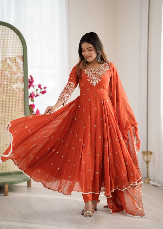 Prazu Fashion Red Georgette Embroidered With Moti Work Anarkali Suit - Distacart