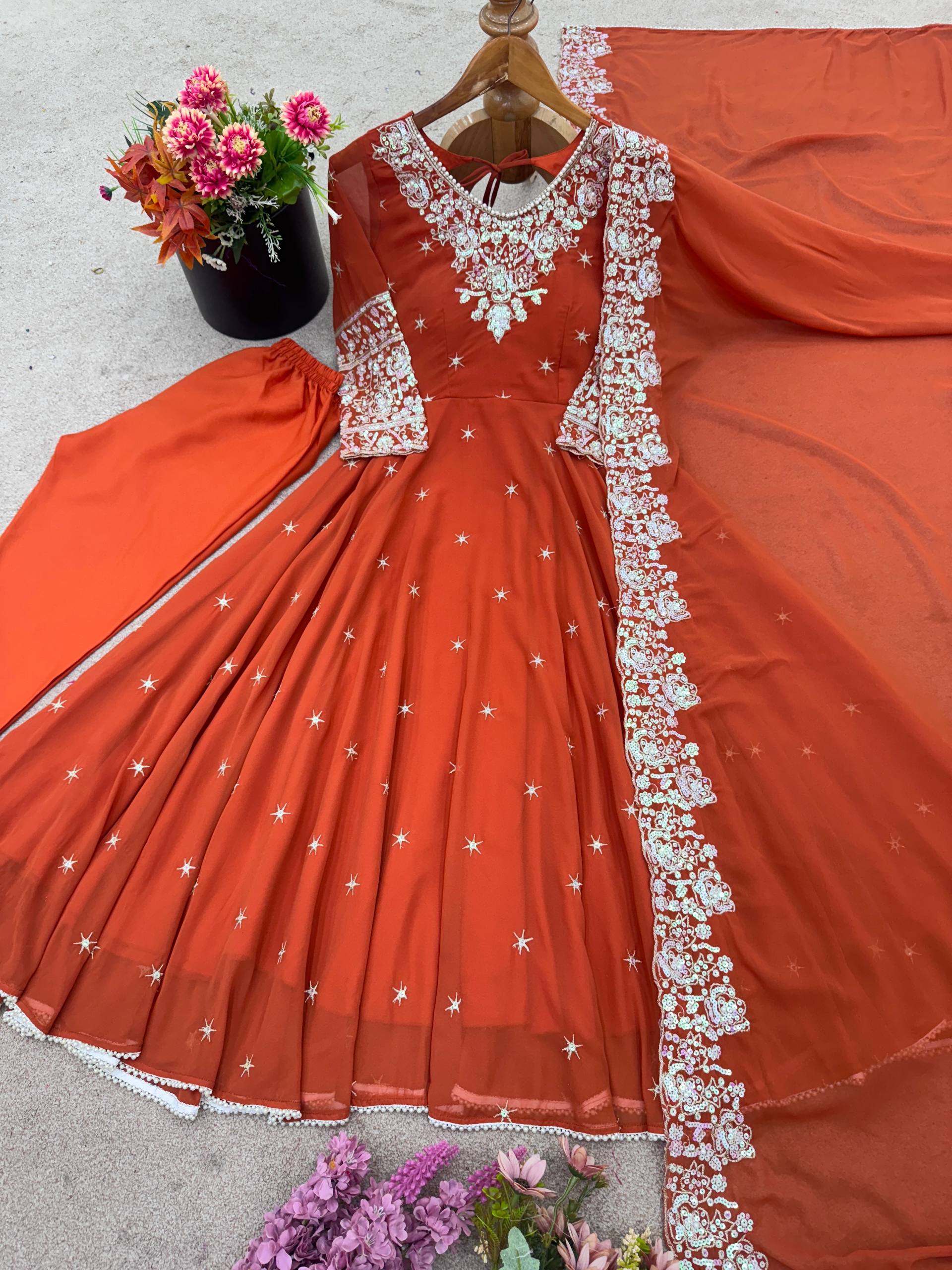 Prazu Fashion Red Georgette Embroidered With Moti Work Anarkali Suit - Distacart