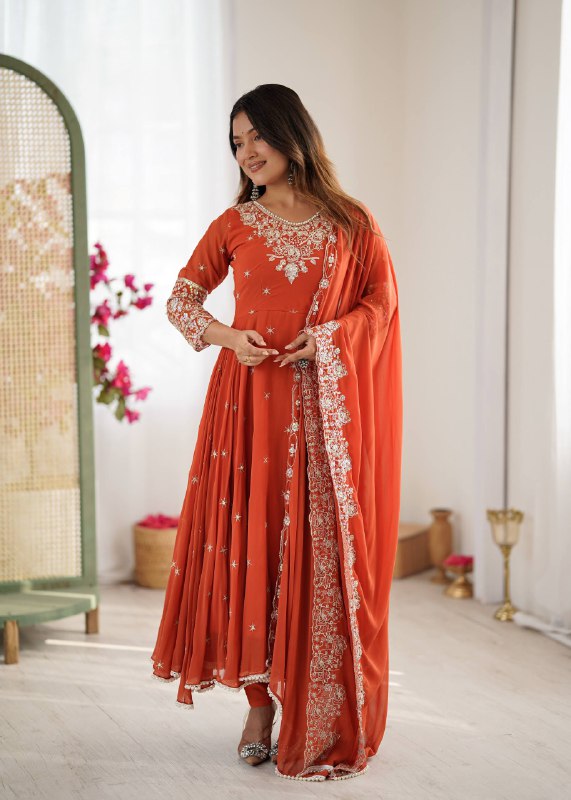 Prazu Fashion Red Georgette Embroidered With Moti Work Anarkali Suit - Distacart