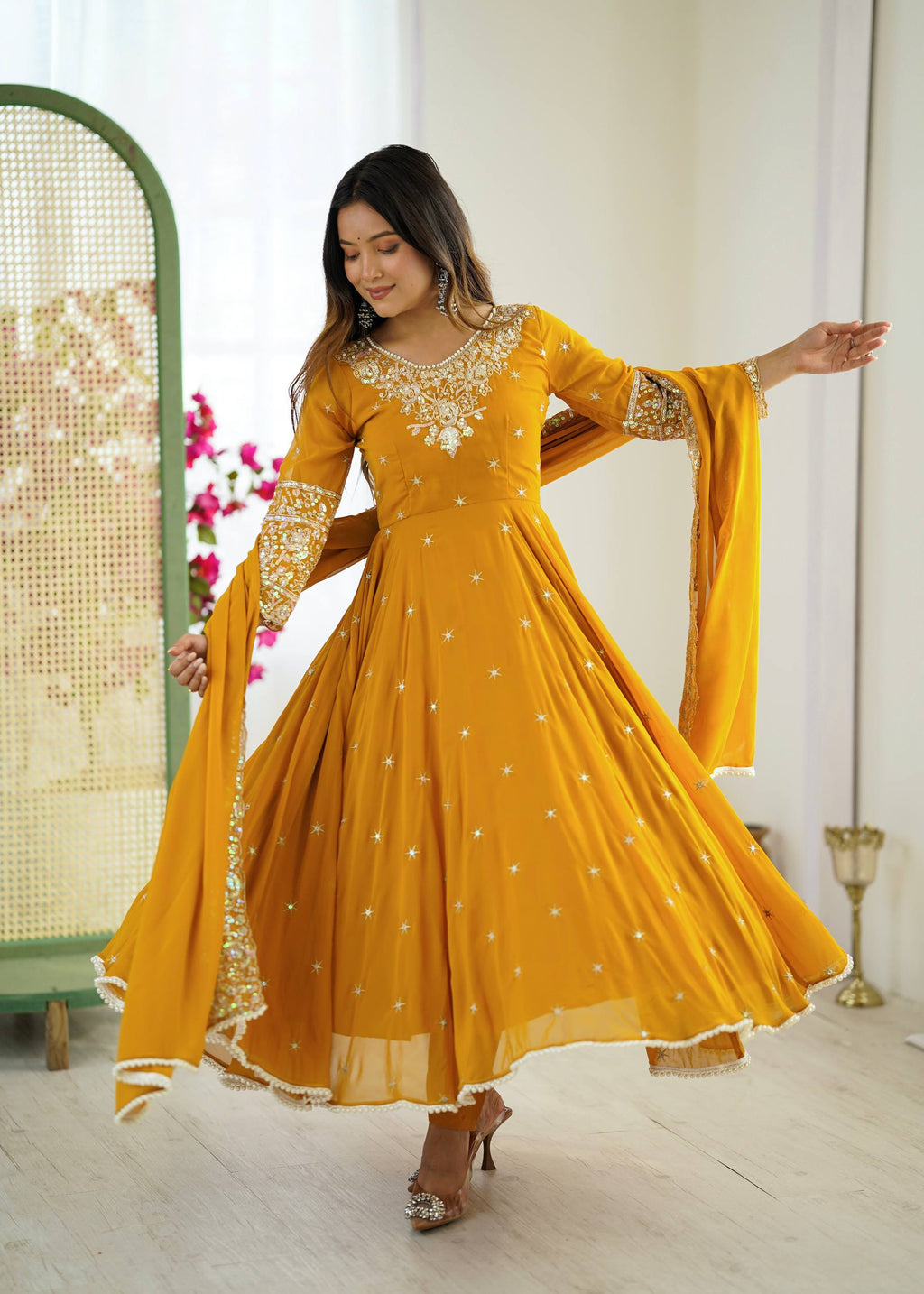 Prazu Fashion Yellow Georgette Embroidered With Moti Work Anarkali Suit - Distacart