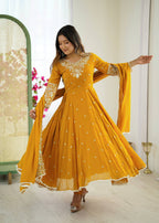 Prazu Fashion Yellow Georgette Embroidered With Moti Work Anarkali Suit - Distacart