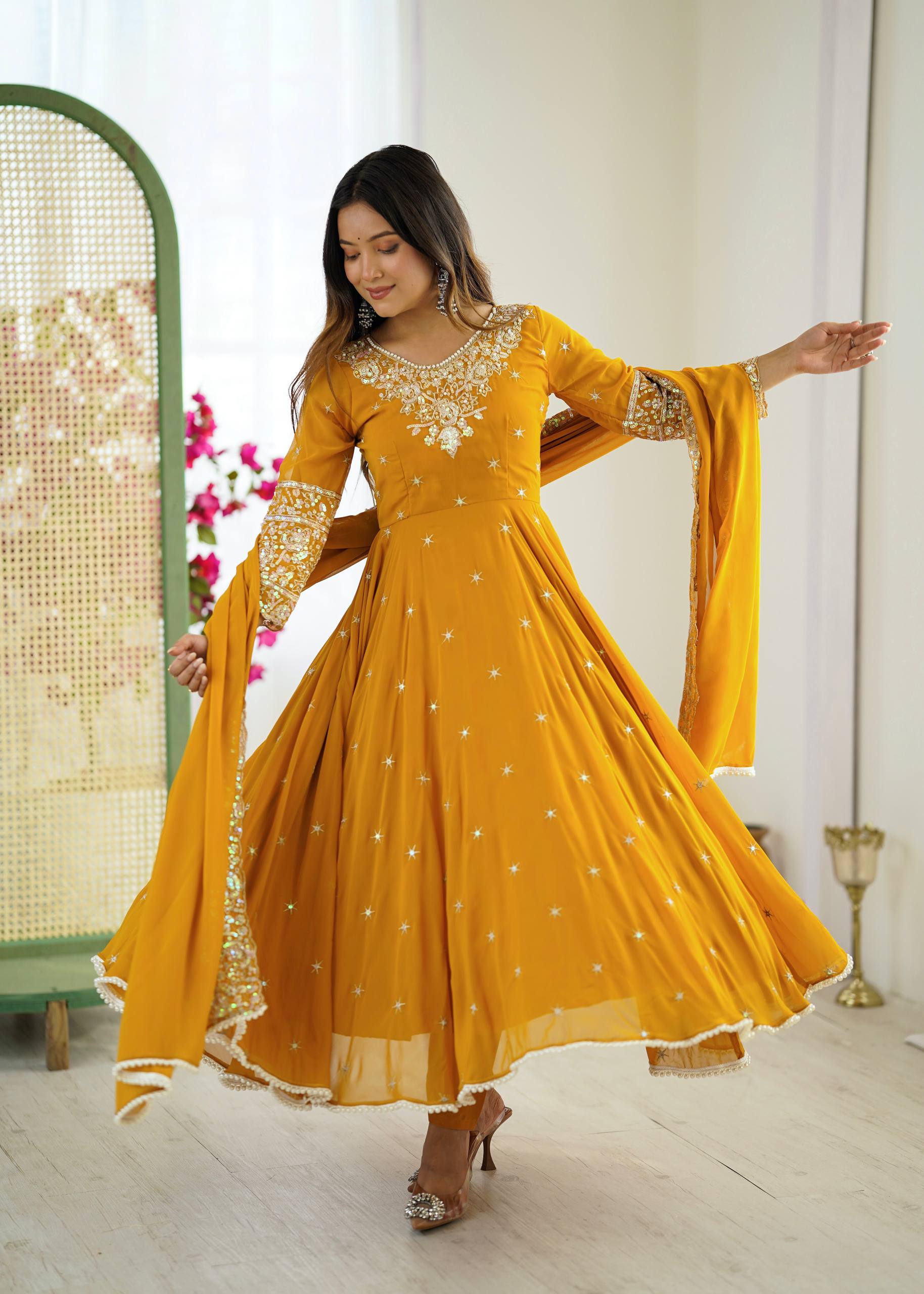 Prazu Fashion Yellow Georgette Embroidered With Moti Work Anarkali Suit - Distacart