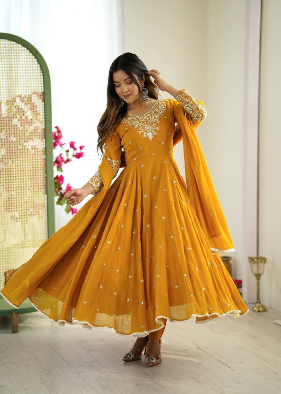 Prazu Fashion Yellow Georgette Embroidered With Moti Work Anarkali Suit - Distacart
