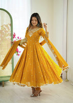 Prazu Fashion Yellow Georgette Embroidered With Moti Work Anarkali Suit - Distacart