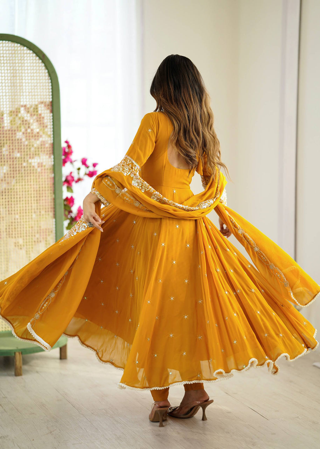 Prazu Fashion Yellow Georgette Embroidered With Moti Work Anarkali Suit - Distacart