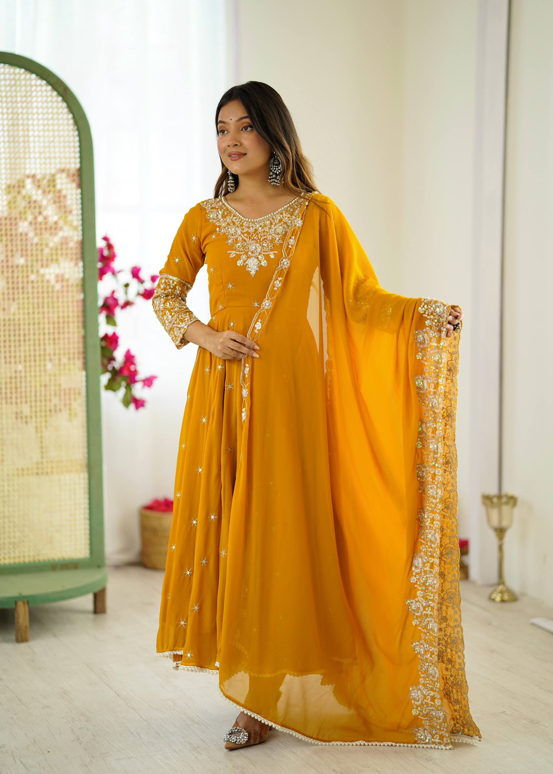 Prazu Fashion Yellow Georgette Embroidered With Moti Work Anarkali Suit - Distacart