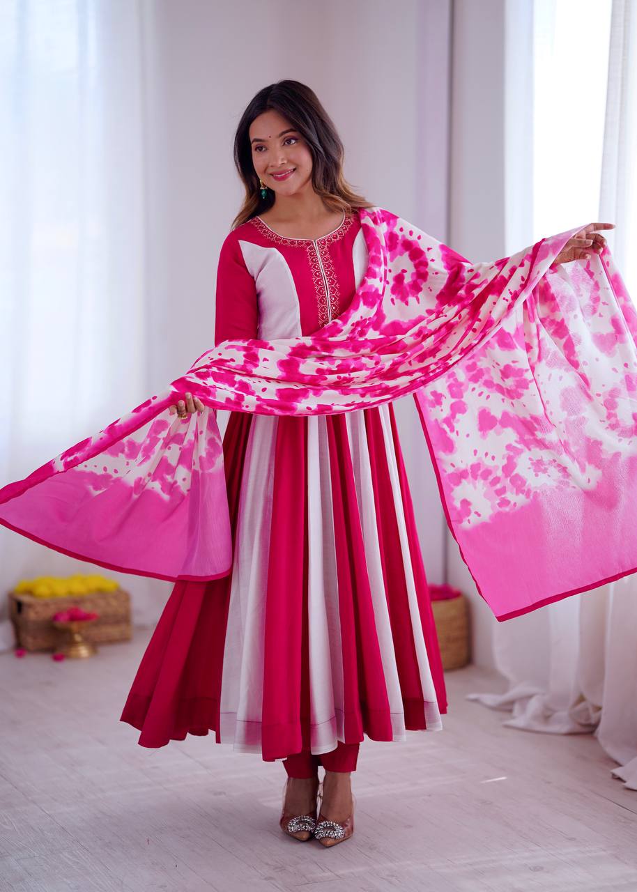 Prazu Fashion Pink And White Roman Silk Embroidery With Digital Print Work Kurta Suit - Distacart