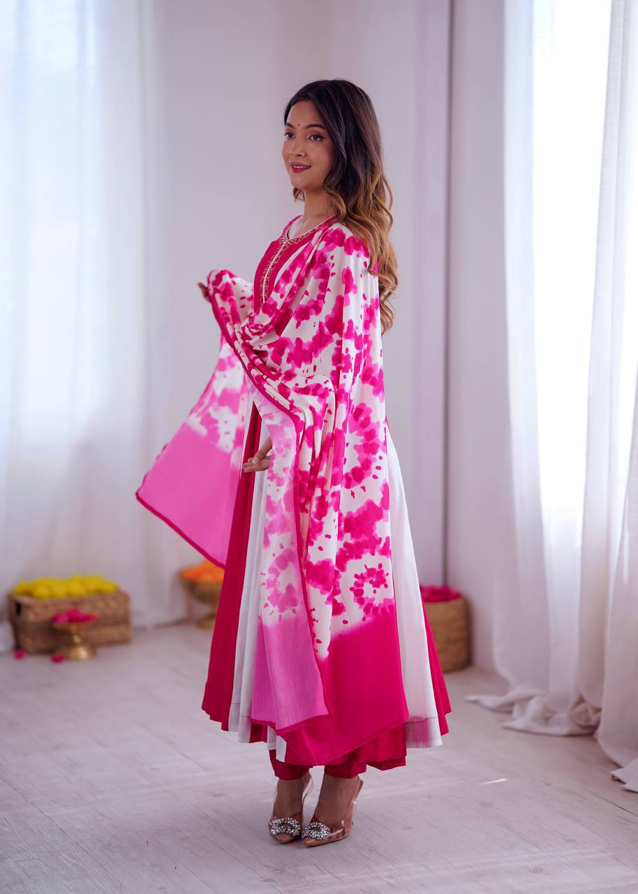 Prazu Fashion Pink And White Roman Silk Embroidery With Digital Print Work Kurta Suit - Distacart