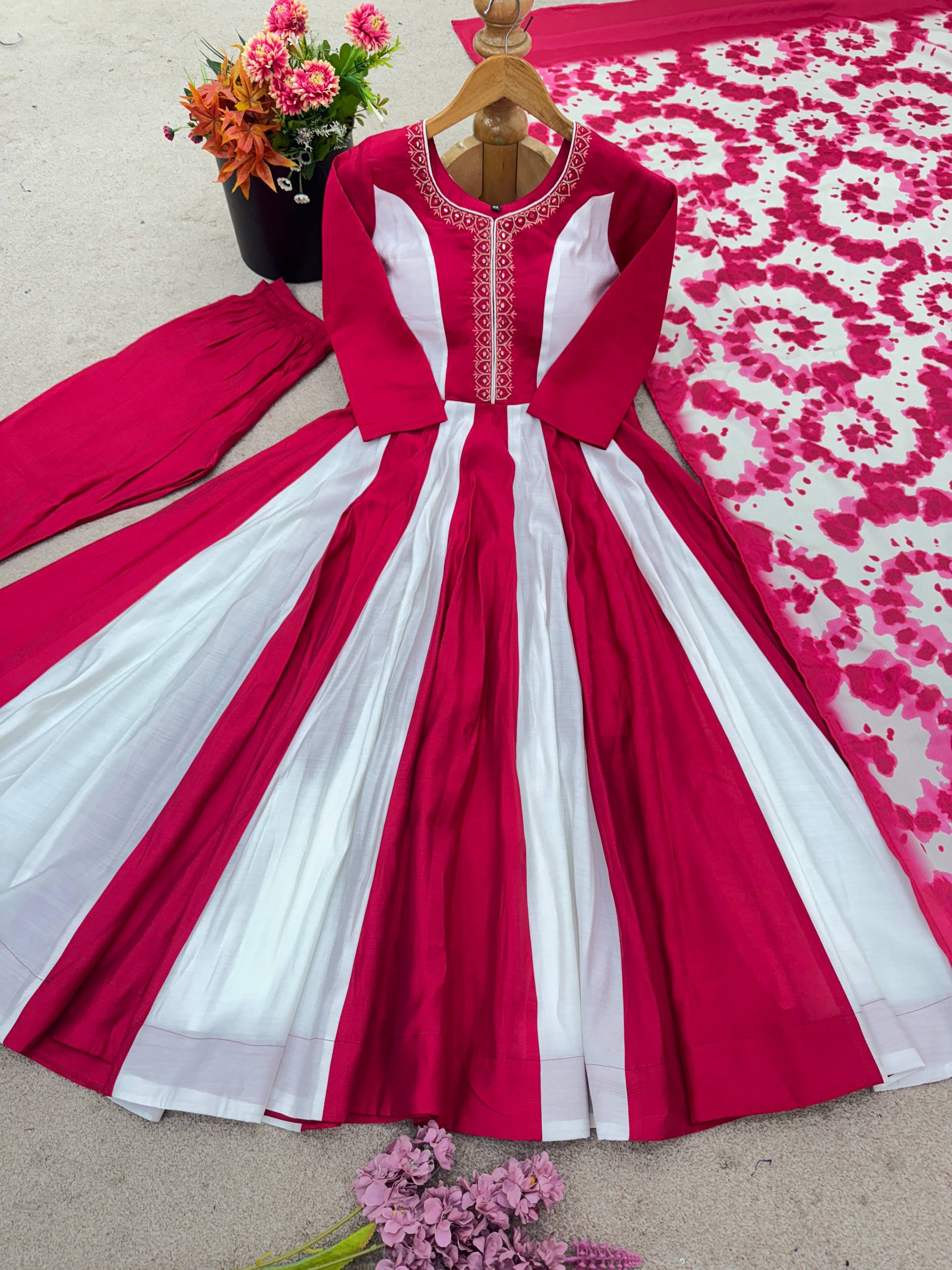 Prazu Fashion Pink And White Roman Silk Embroidery With Digital Print Work Kurta Suit - Distacart