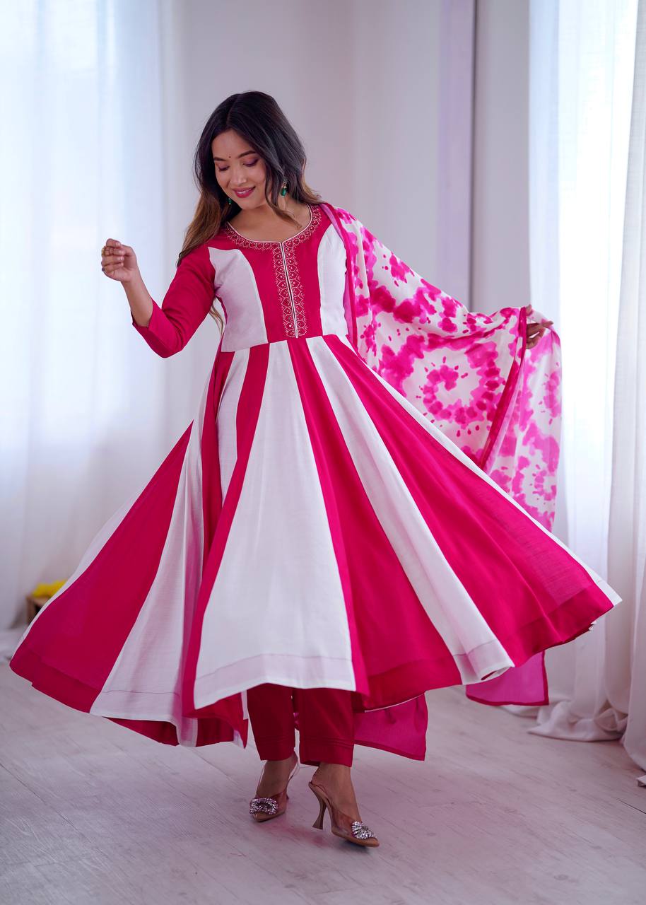 Prazu Fashion Pink And White Roman Silk Embroidery With Digital Print Work Kurta Suit - Distacart