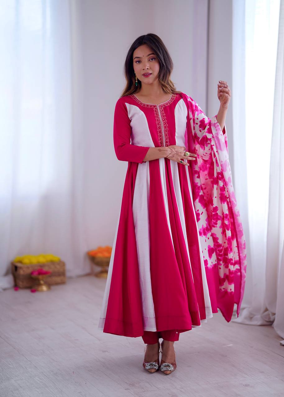 Prazu Fashion Pink And White Roman Silk Embroidery With Digital Print Work Kurta Suit - Distacart
